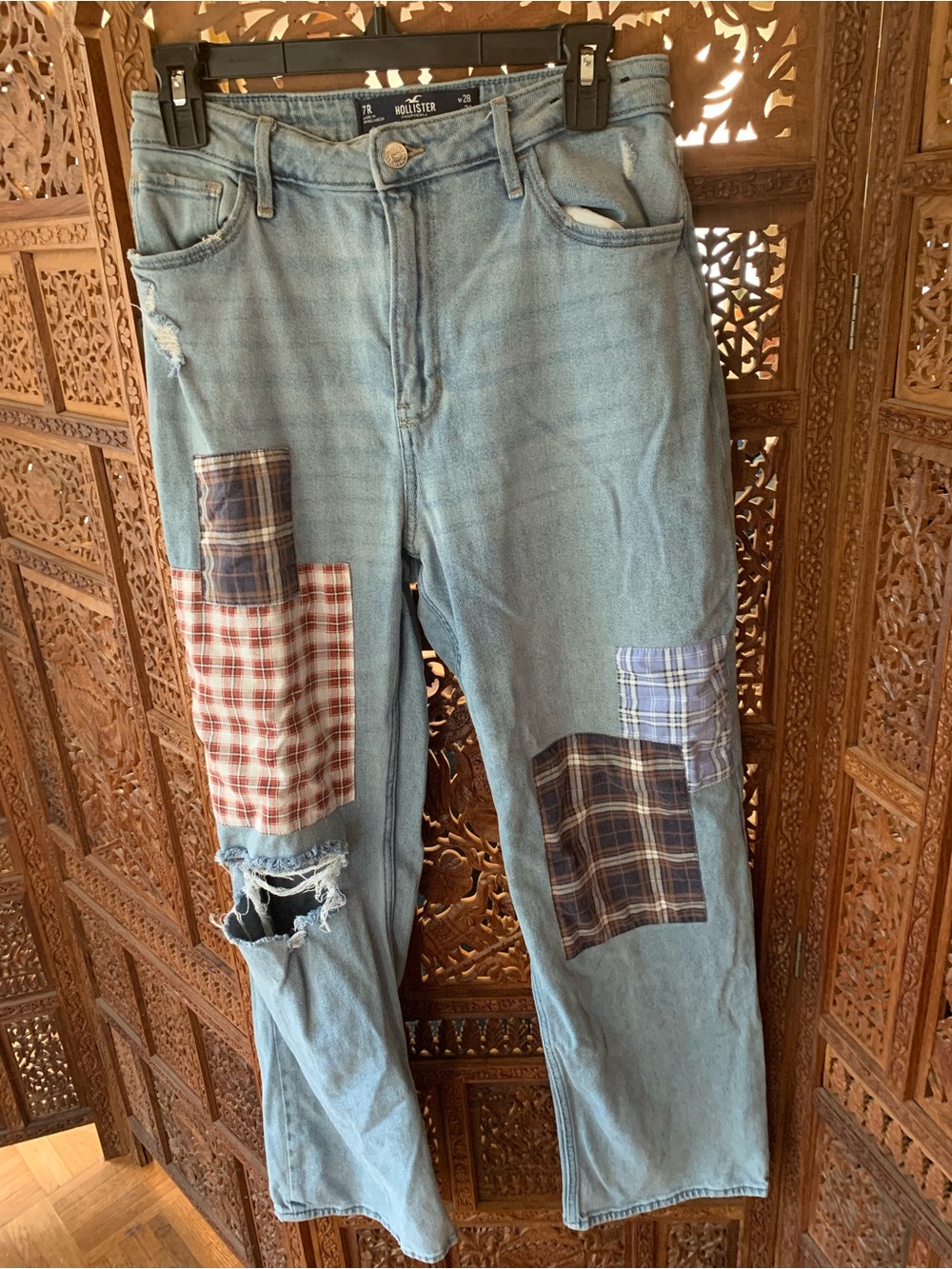Hollister Light Blue Denim Jeans with Plaid Patchwork